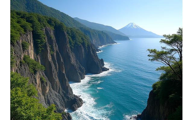 富士山を背景にした伊豆半島の断崖絶壁と温泉