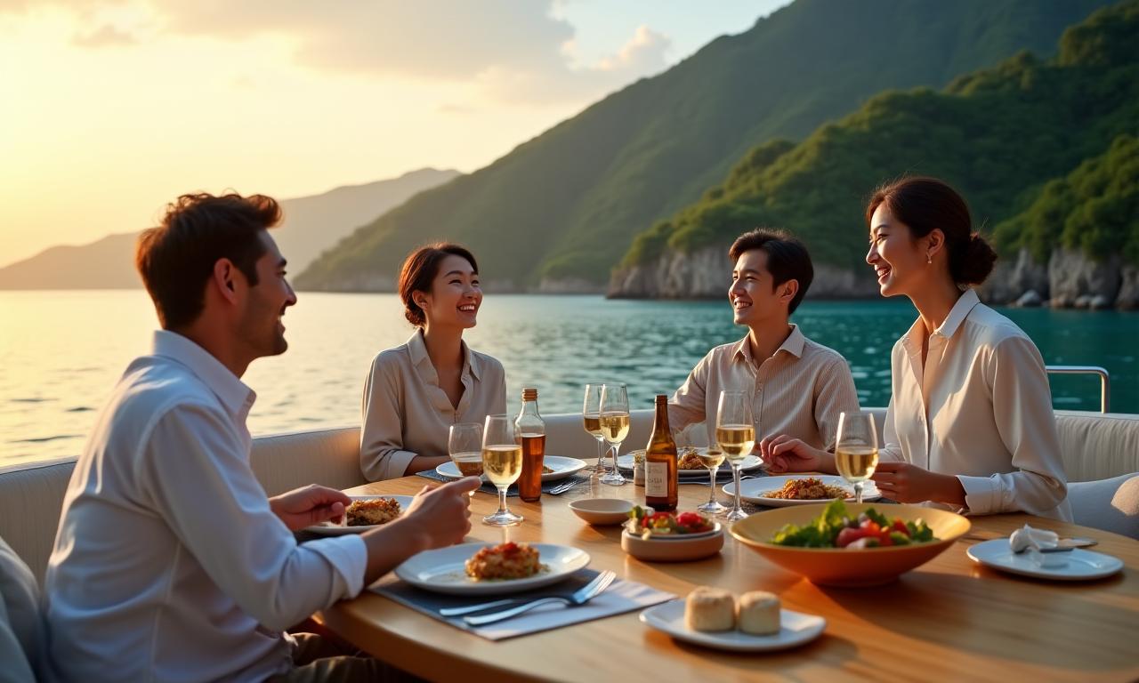 豪華ヨットの甲板で食事を楽しむ家族と美しい海岸線