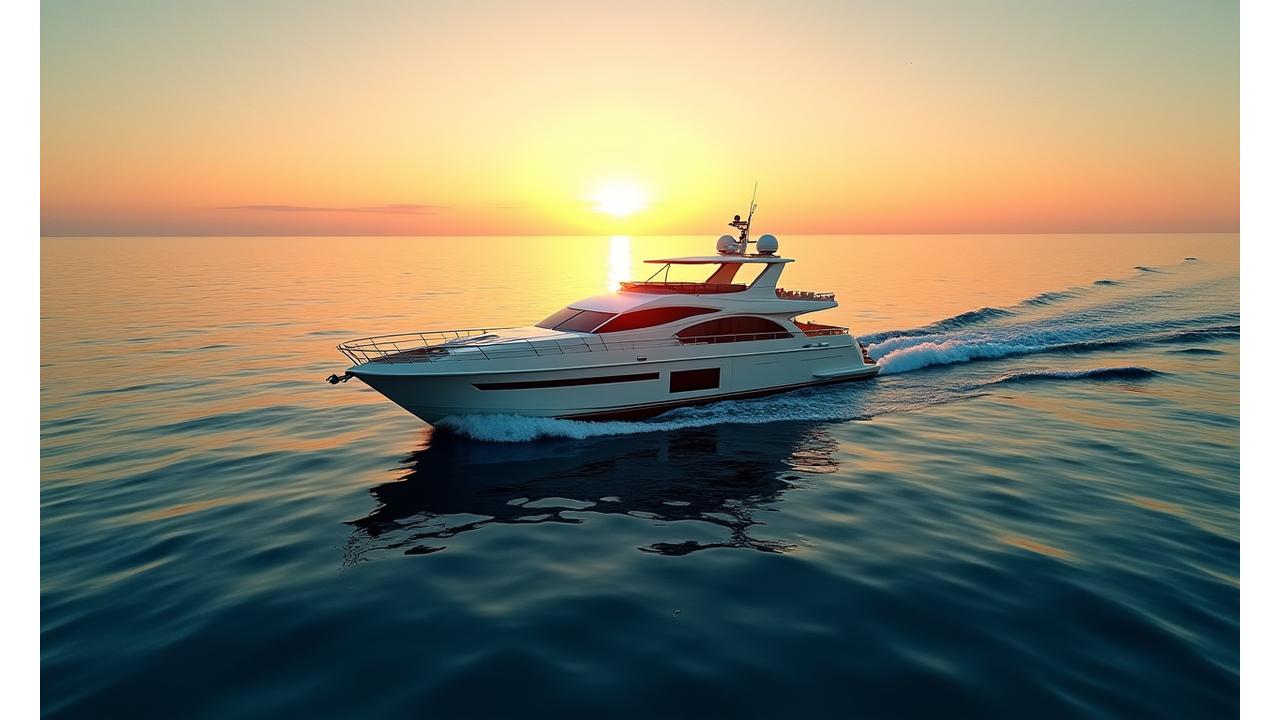 豪華ヨットが夕日に向かって航行しています